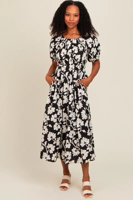 Black Floral Smocked Maternity Midi Dress