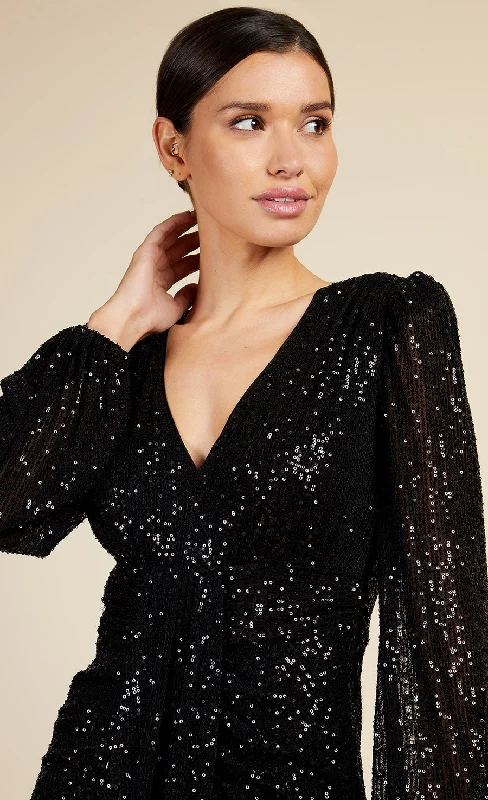 Black Sequin Draped Frill Mini Dress