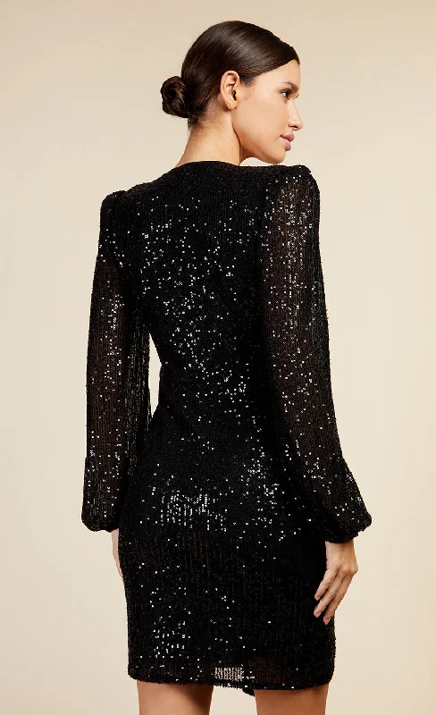 Black Sequin Draped Frill Mini Dress