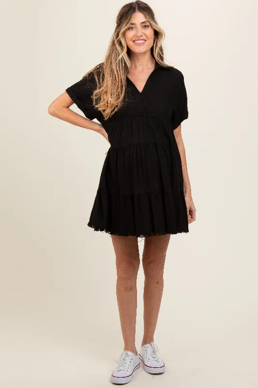 Black Tiered Linen Maternity Dress