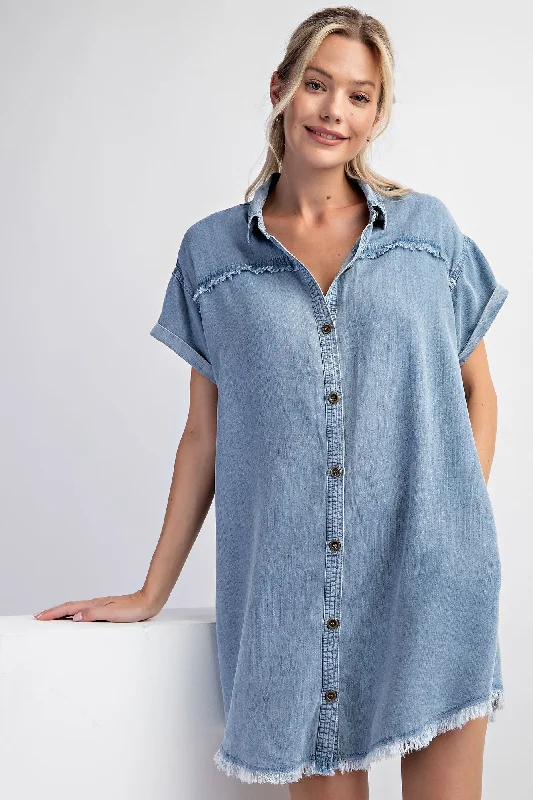 Blue Chambray Frayed Button Down Maternity Dress