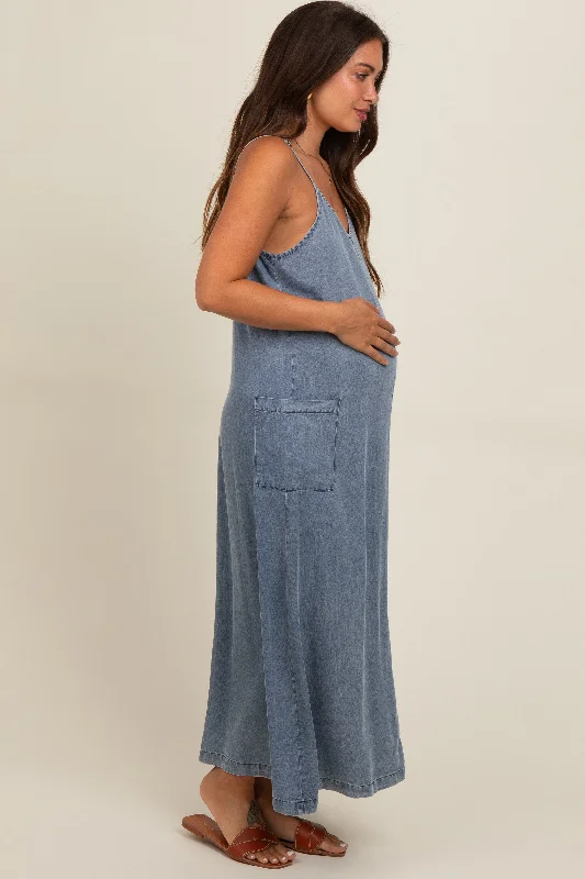 Blue Chambray Pocketed Maternity Maxi Dress