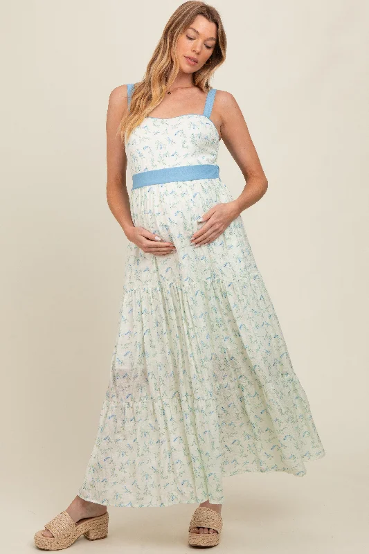 Blue Floral Contrast Sash Tie Maternity Maxi Dress