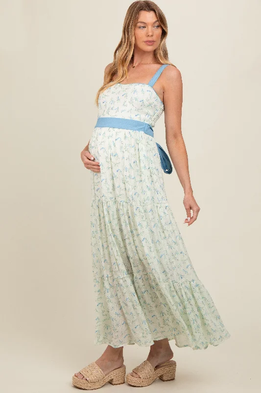 Blue Floral Contrast Sash Tie Maternity Maxi Dress