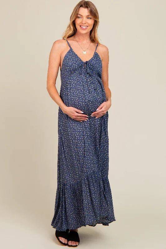 Blue Floral Tie Front Maternity Maxi Dress