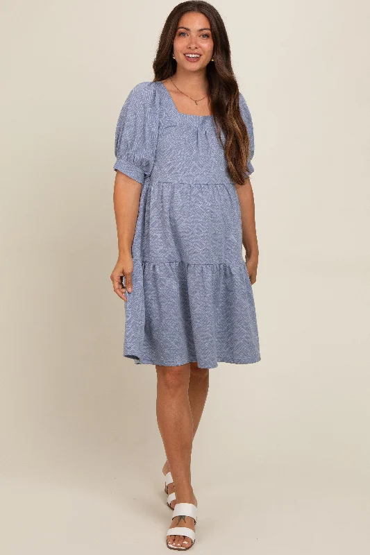 Blue Jacquard Tiered Maternity Dress