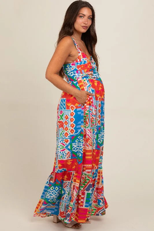 Blue Multi-Color Abstract Print Tiered Maternity Maxi Dress