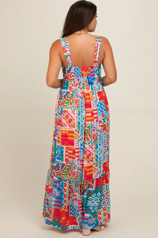 Blue Multi-Color Abstract Print Tiered Maternity Maxi Dress