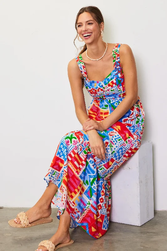 Blue Multi-Color Abstract Print Tiered Maternity Maxi Dress