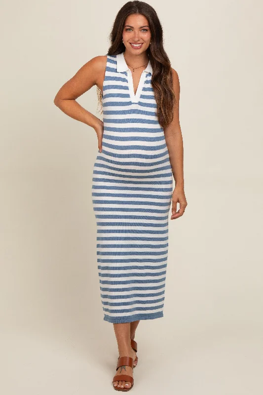 Blue Striped Fitted Maternity Polo Midi Dress