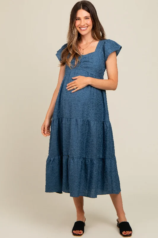 Blue Textured Sweetheart Neck Short Puff Sleeve Tiered Maternity Midi Dress