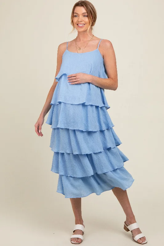 Blue Tiered Maternity Midi Dress