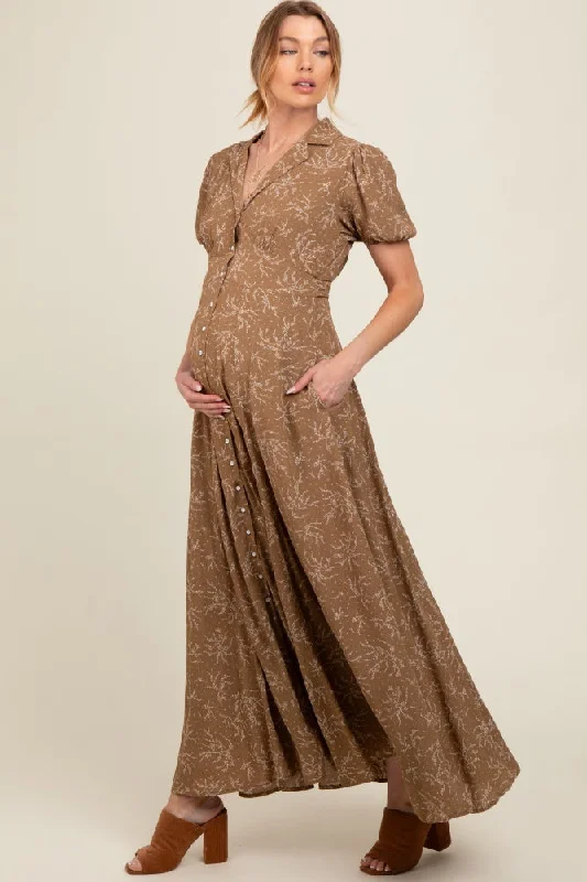 Brown Floral Button Down Maternity Maxi Dress