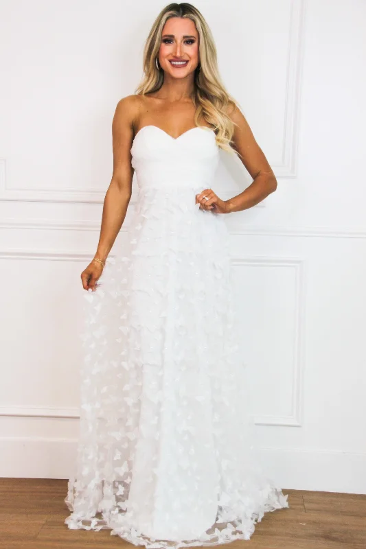 Butterfly Kisses Strapless Applique Maxi Dress: White