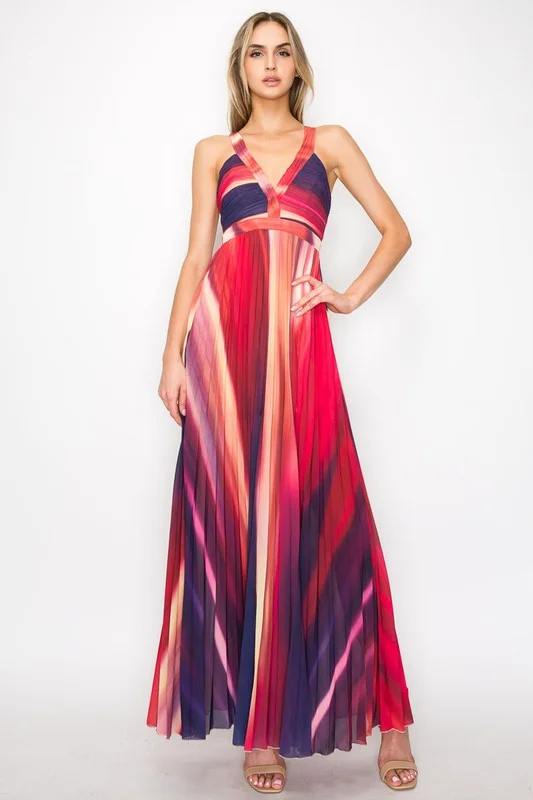 Carrie Sleeveless Abstract Print Pleated Maxi Dress Red