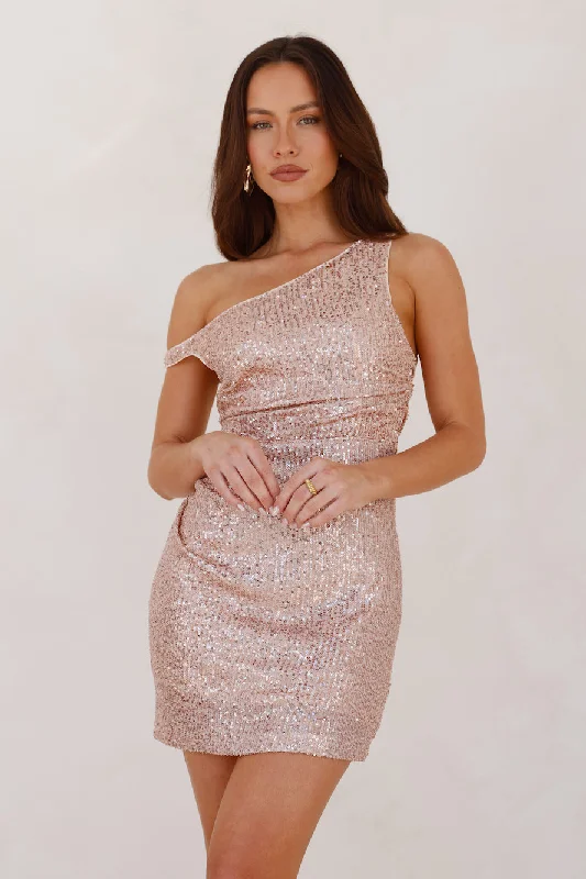 Catching Light Off Shoulder Sequin Mini Dress Rose Gold