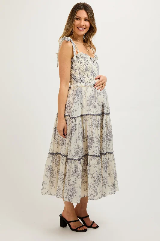 Charcoal Floral Sleeveless Ruffle Tiered Maternity Midi Dress