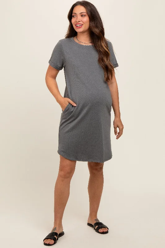 Charcoal French Terry Cuffed Short Sleeve Maternity Dress