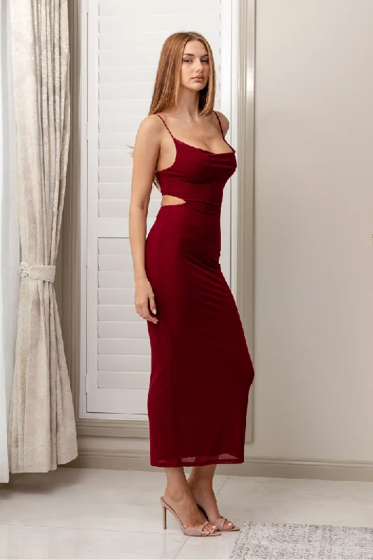 CIEL WAIST CUT-OUT MESH MAXI DRESS - Wine Red