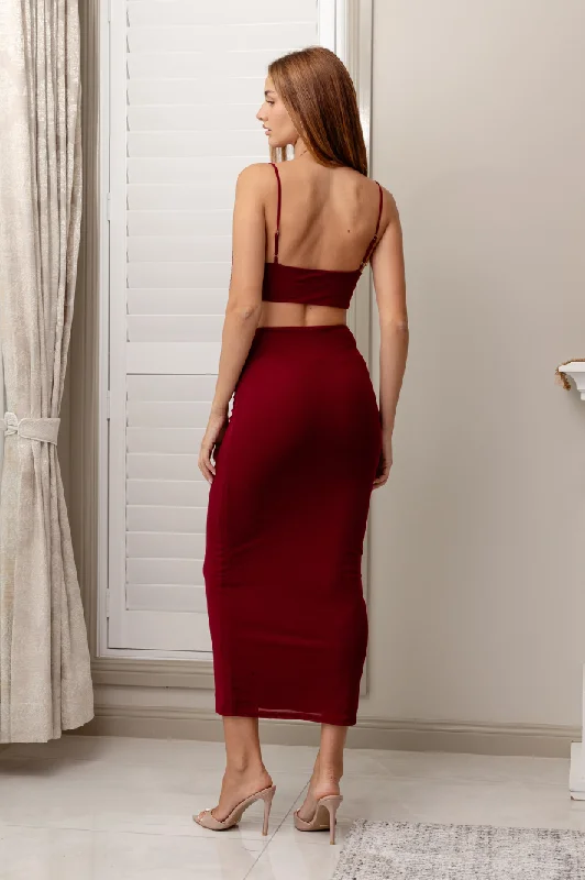 CIEL WAIST CUT-OUT MESH MAXI DRESS - Wine Red