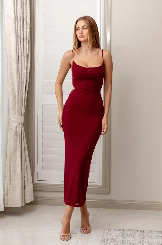 CIEL WAIST CUT-OUT MESH MAXI DRESS - Wine Red