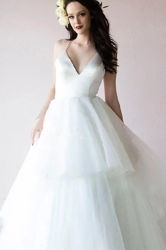 Classic Straps V Neck Ivory Long Bridal Gown Wedding Dresses  WD388