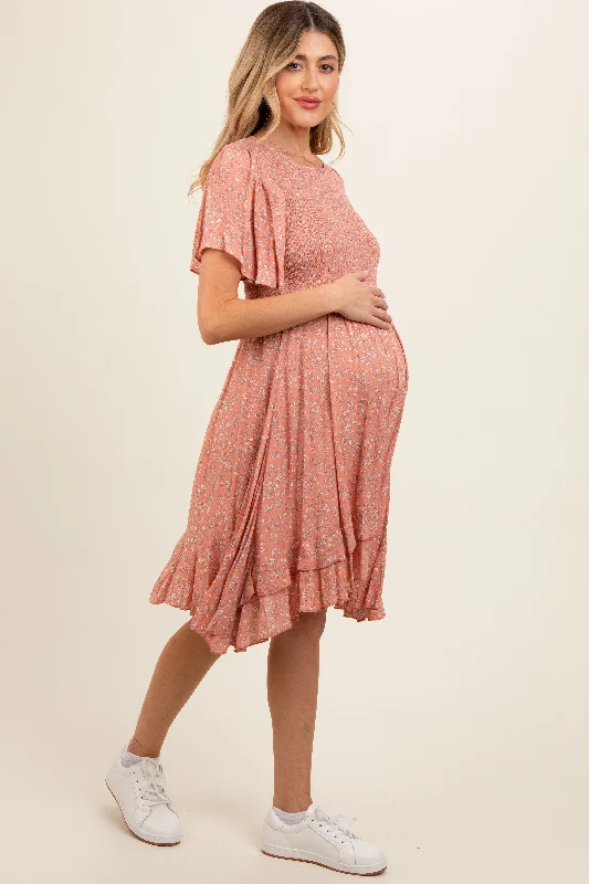 Coral Floral Smocked Ruffle Maternity Dress