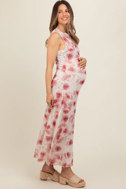 Cream Rose Print Ruched Mesh Maternity Dress