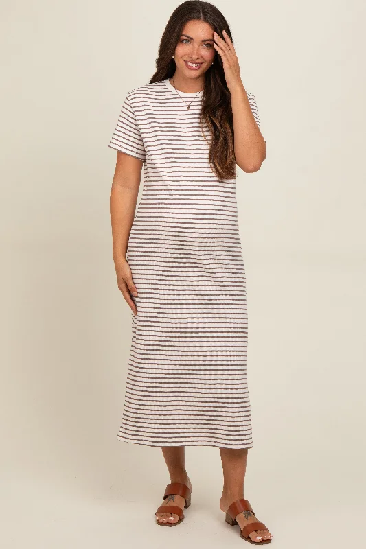 Cream Striped Short Sleeve Maternity T-Shirt Midi Dress