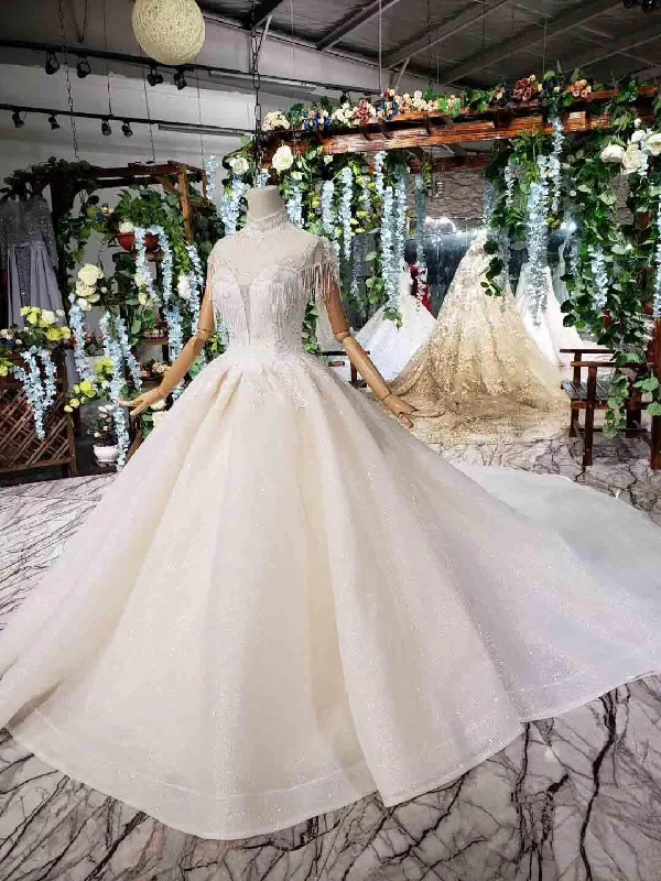 Elegant Cap Sleeves Ball Gown Beading High Neck Wedding Dress  WD378