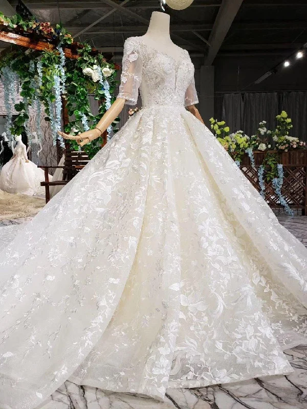 Elegant Half Sleeves Ball Gown Lace Sweetheart Wedding Dress  WD379