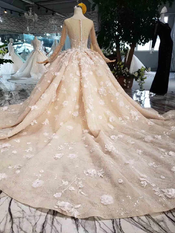 Elegant Long Sleeves Ball Gown Beading Wedding Dress With Flowers WD377