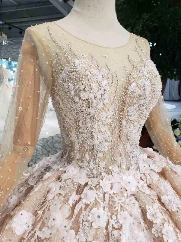 Elegant Long Sleeves Ball Gown Beading Wedding Dress With Flowers WD377