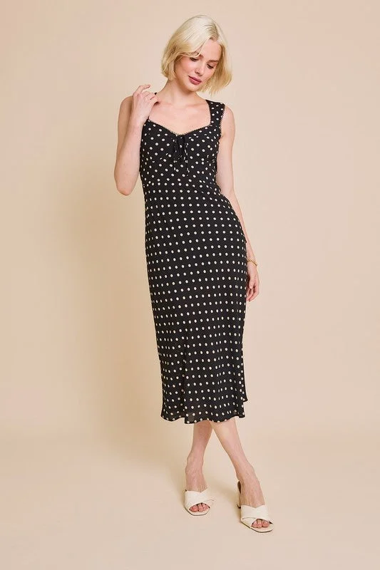 Waitlist 10/5 ♥ Ellen Sleeveless Bustier Polka Dot Print Midi Dress Black