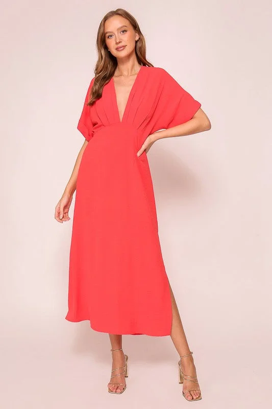 Erin Short Sleeve Back Tie Midi Dress Red