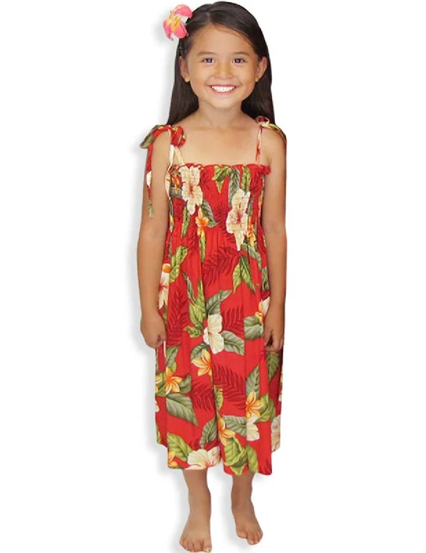 Girl's Flower Red Dress Smock Top Ula Ula Hibiscus