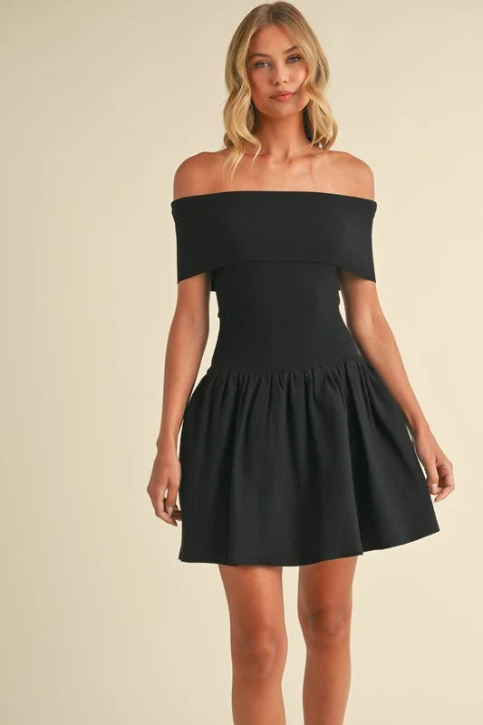 Waitlist 10/30 ♥ Gracie Off The Shoulder Drop Waist Mini Dress Black