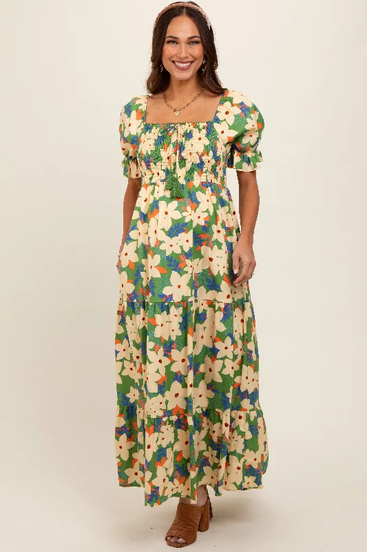 Green Floral Puff Sleeve Maternity Maxi Dress