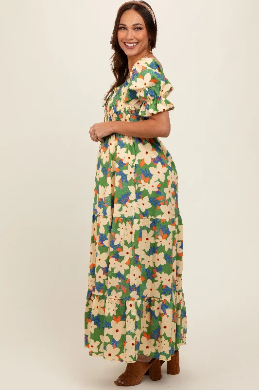 Green Floral Puff Sleeve Maternity Maxi Dress