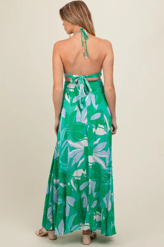 Green Floral Smocked Halter Open Back Maternity Maxi Dress