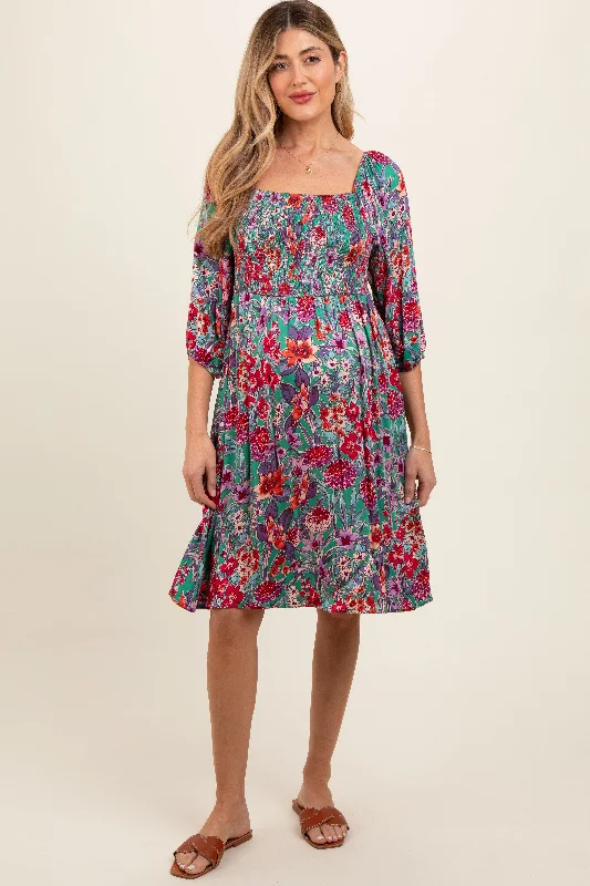 Green Floral Smocked Knee-Length Maternity Dress