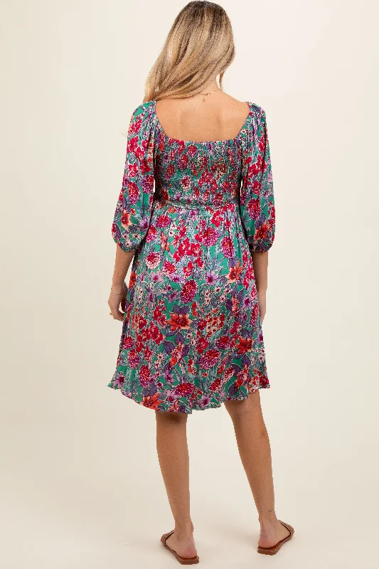 Green Floral Smocked Knee-Length Maternity Dress