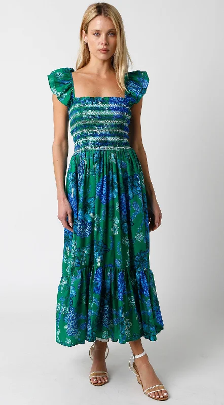 Green Floral Smocked Maternity Midi Dress