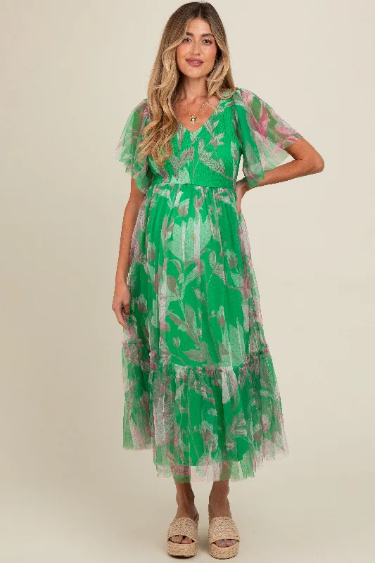 Green Leaf Print Mesh Smocked Maternity Midi Dress