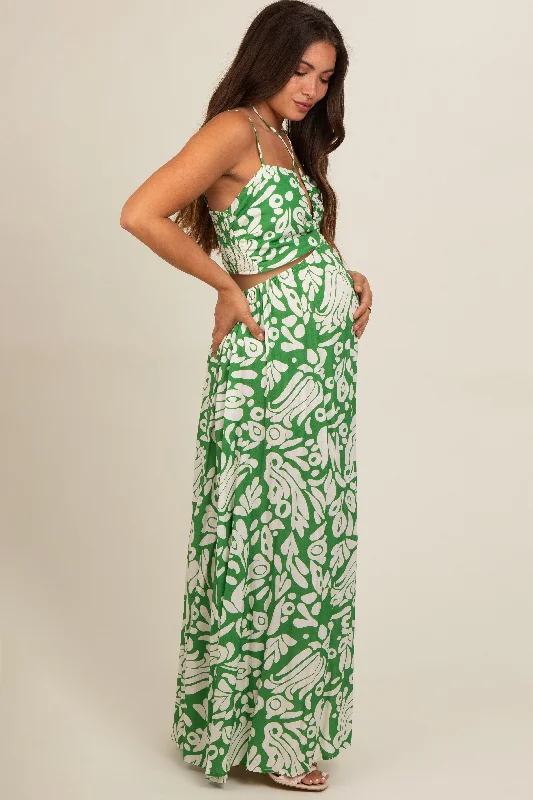 Green Printed Halter Cut-Out Maternity Maxi Dress