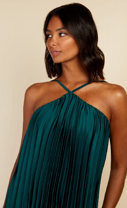 Green Satin Pleated Midaxi Dress