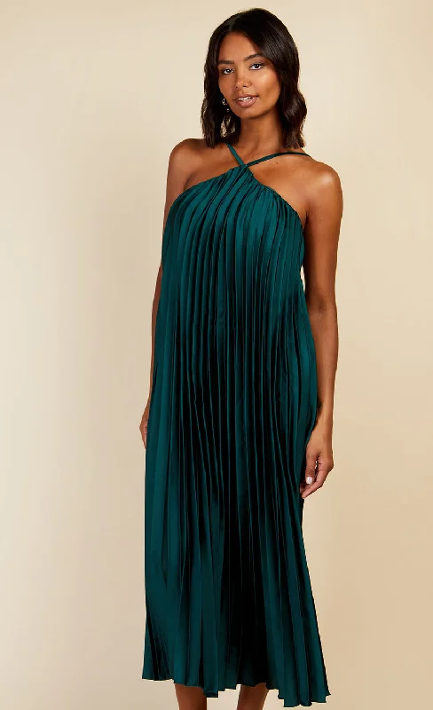 Green Satin Pleated Midaxi Dress