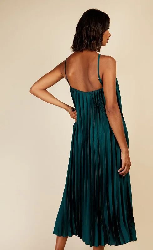 Green Satin Pleated Midaxi Dress