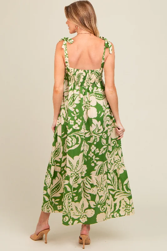 Green Tropical Floral Shoulder Tie Tiered Maternity Midi Dress