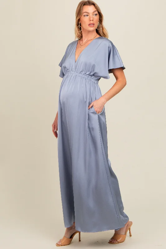 Grey Satin V-Neck Flutter Short Sleeve Maternity Maxi Dress